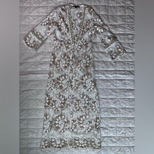 Boston Proper Cream & Tan Floral Embroidered Pearl Embellished Crochet Duster -M